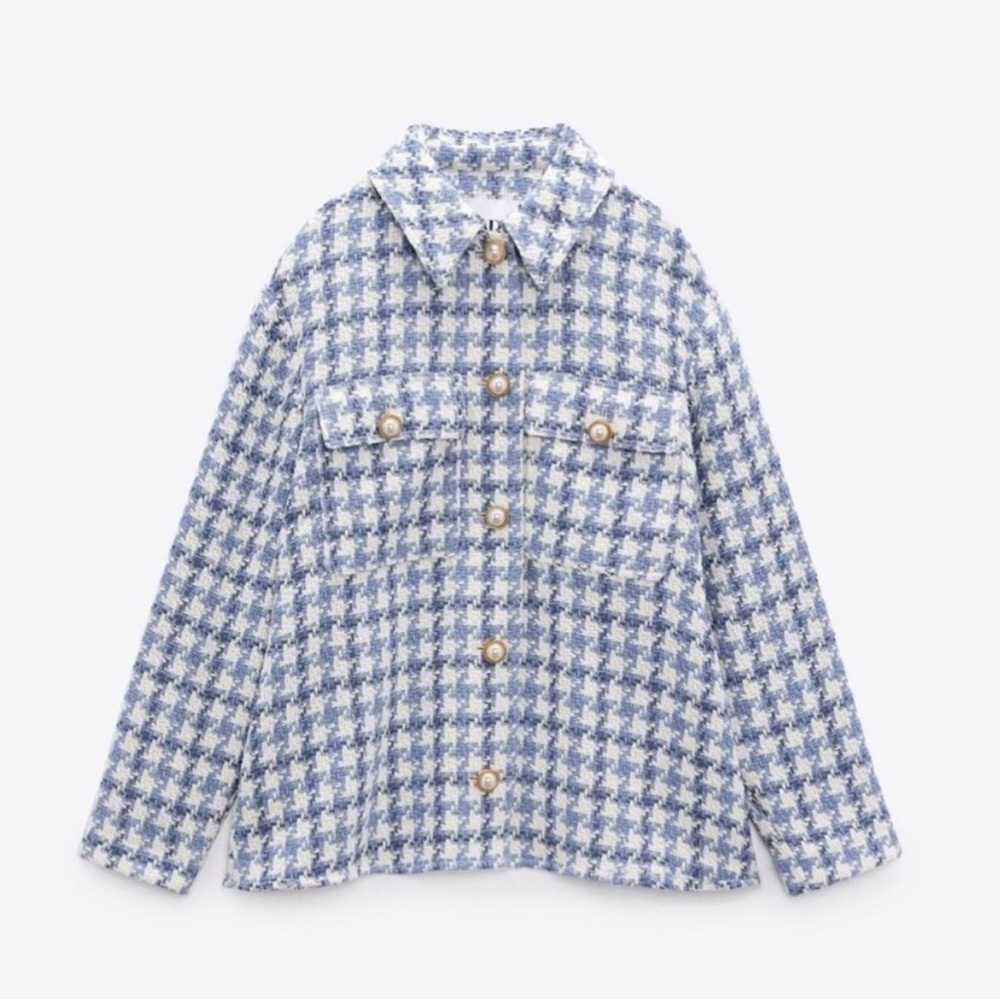 ZARA Houndstooth Tweed Oversized Jacket with Pearlized Buttons (Size XS)